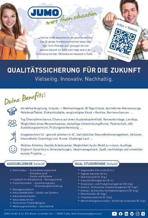Stellenanzeige Bachelor of Science Angewandte Informatik (Hochschule Fulda) - m/w/d bei JUMO GmbH & Co. KG