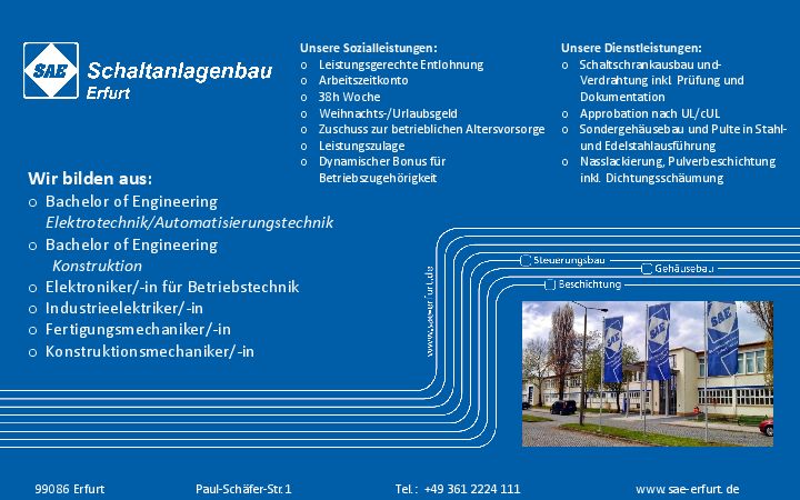 Stellenanzeige Bachelor of Engineering Elektrotechnik/Automatisierungstechnik (DHGE Gera) - m/w/d bei SAE Schaltanlagenbau Erfurt GmbH