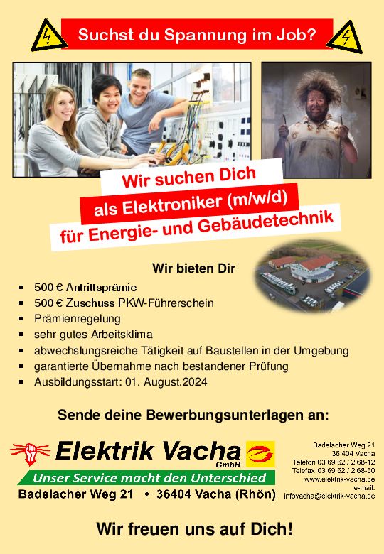 Stellenanzeige Elektroniker (m/w/d) für Energie- und Gebäudetechnik bei Elektrik Vacha GmbH