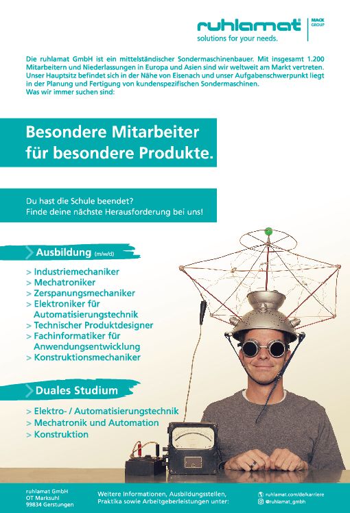 Stellenanzeige Bachelor of Engineering Mechatronik und Automation (DHGE Eisenach) - m/w/d bei ruhlamat GmbH