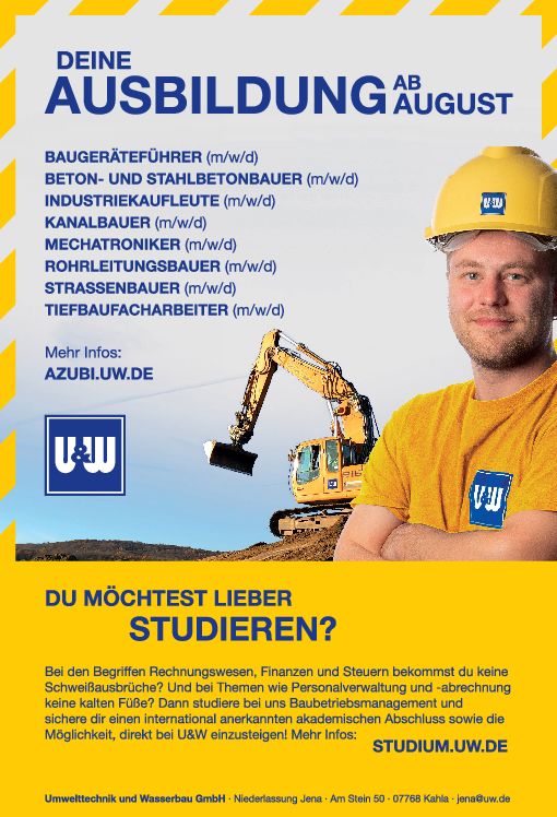 Stellenanzeige Bachelor (m/w/d) of Arts Betriebswirtschaft FR Baubetriebsmanagement (BA Glauchau) bei Umwelttechnik und Wasserbau GmbH Niederlassung Jena