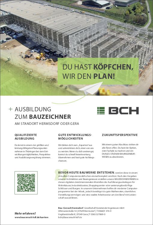 Stellenanzeige Bachelor of Engineering Bauingenieurwesen DUAL (FH Erfurt) - m/w/d bei Bau-Consult Hermsdorf Gesellschaft beratender Ingenieure mbH