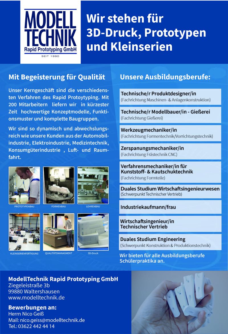 Stellenanzeige Bachelor of Engineering Produktionstechnik (DHGE Eisenach) - m/w/d bei ModellTechnik Rapid Prototyping GmbH