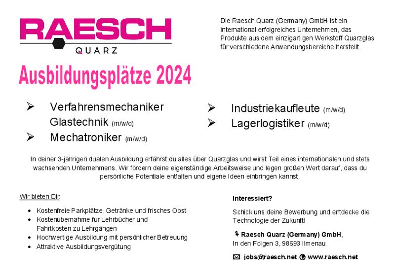 Stellenanzeige Verfahrensmechaniker (m/w/d) für Glastechnik bei Raesch Quarz (Germany) GmbH