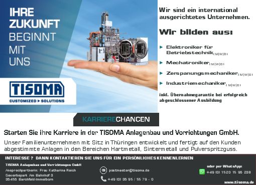 Stellenanzeige Zerspanungsmechaniker (m/w/d) bei TISOMA Anlagenbau und Vorrichtungen GmbH