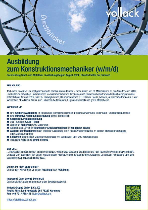 Stellenanzeige Konstruktionsmechaniker (m/w/d) bei Vollack Hallen- und Stahlbau GmbH & Co. KG