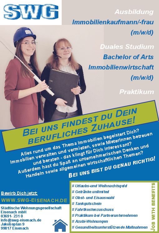 Stellenanzeige Bachelor (m/w/d) of Arts Betriebswirtschaft FR Immobilienwirtschaft (DHGE Gera) bei Städtische Wohnungsgesellschaft Eisenach  mbH