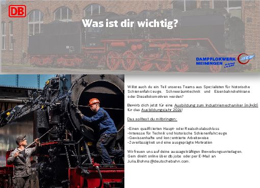 Stellenanzeige Industriemechaniker (m/w/d) bei Deutsche Bahn Fahrzeuginstandhaltung GmbH  Dampflokwerk Meiningen