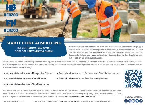 Stellenanzeige Beton-/ Stahlbetonbauer (m/w/d) bei Herzog Bau GmbH