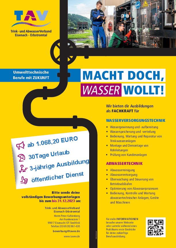 Stellenanzeige Fachkraft (m/w/d) für Abwassertechnik bei Trink- und AbwasserVerband Eisenach-Erbstromtal