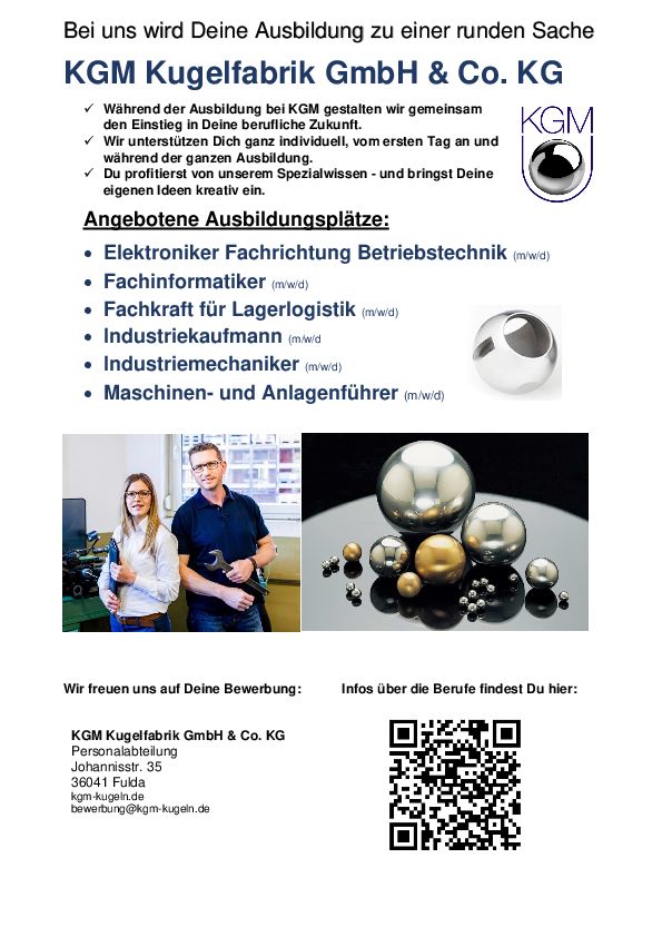 Stellenanzeige Elektroniker (m/w/d) für Betriebstechnik  bei KGM Kugelfabrik GmbH & Co. KG