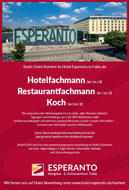 Stellenanzeige Koch (m/w/d) bei HOTEL ESPERANTO - Kongress- und Kulturzentrum Fulda GmbH & Co. KG