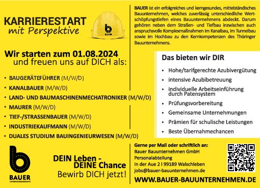 Stellenanzeige Bachelor of Engineering Bauingenieurwesen DUAL (FH Erfurt) - m/w/d bei Bauer Bauunternehmen GmbH